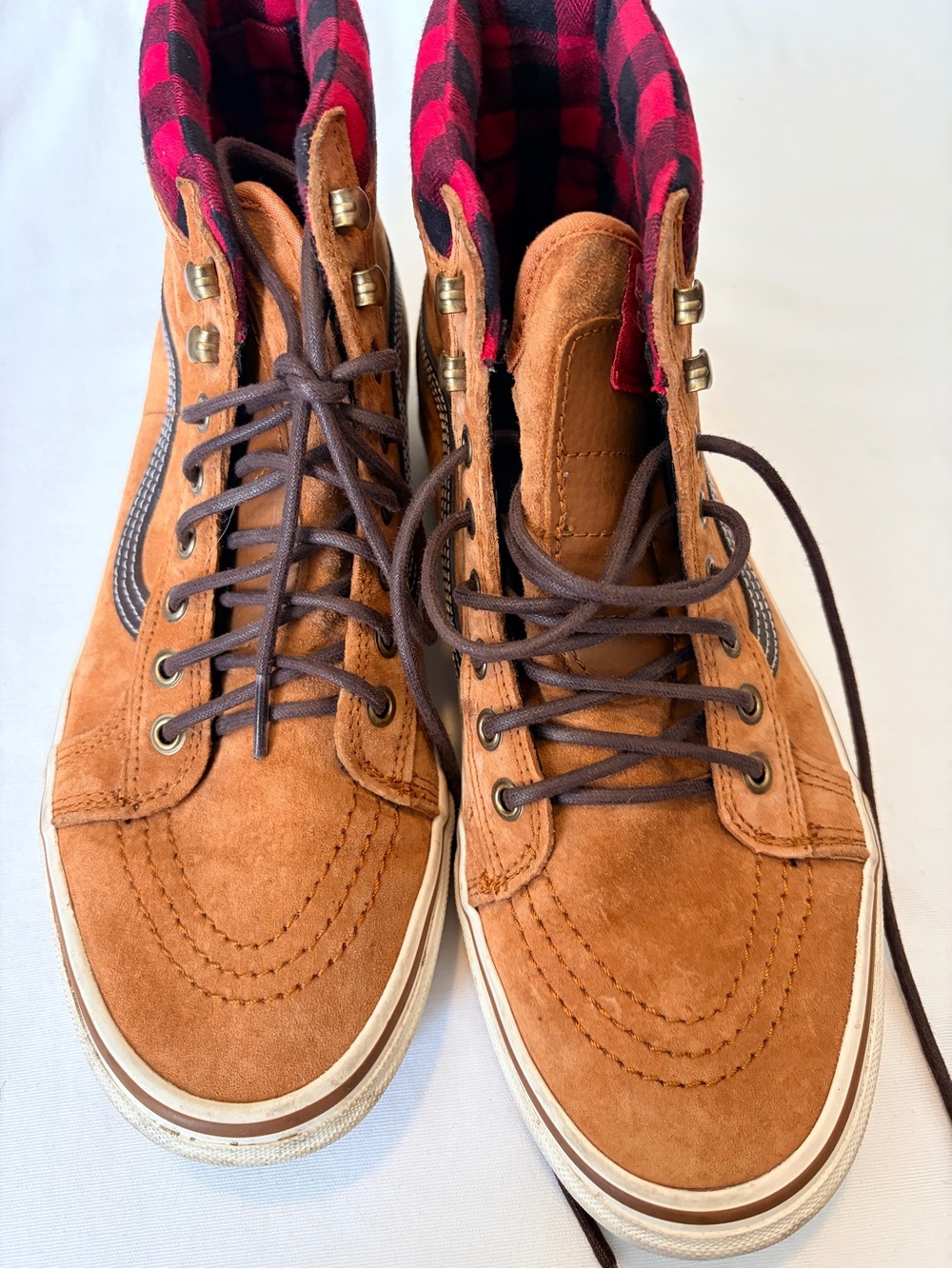 Vans Tan Suede High-Top Sneakers with Red Plaid Collar